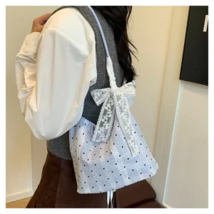 Women Summer Polka Dot Bag One Shoulder Lightweight and Simple Bucket with Ribbon