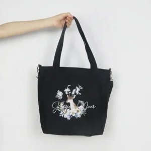 Printed Shopping Grocery Reusable Plain Black Cotton Canvas Tote Bag with Pocket and Zipper