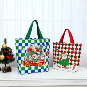 Premium Eco-friendly Reusable Fashion Poly-cotton Spacious Tote Bag with Patterned Red Green Plaid and Gift Graphics