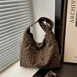 Leopard Print Vintage Soft Canvas Tote Bag Hobo Shoulder Hand Bags Satchel Quiet Luxury Purse Large Capacity