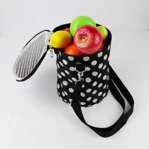 White Points Black Cylindrical Food Drinks Cooler Bags Thermal Insulation Lunch for Picnic