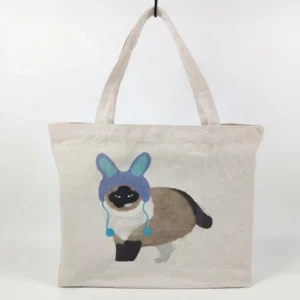 Personalized Cartoon Cat Printing Canvas Bag Large Capacity Shopper Tote with Printed Logo White Cotton Shopping