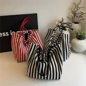 Lazy Style Eco-friendly Canvas Shopping Bag Casual Striped Durable Hobo Large Capacity Shoulder Tote for Lady