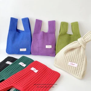 Logo Sweet Colored Knitted Women Knitting Hollow Tote Handbag Purse Fur Handmade Crochet Knot Wrist Bagtote Bag
