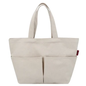 Sustaina Natural Cotton Canvas Tote Shopping Bag with Front Pockets Logo Customizable Beach Outside