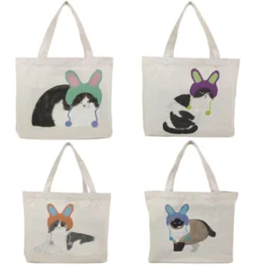 Printed Organic Cotton Canvas Tote Bag Plain with Logo Cat White