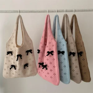 Tote Canvas Bag High Quality Portable Knitted Shoulder Bowknot Shopping Woven Crochet Hand Diamond