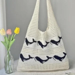 Customizable Tote Beach Bag Portable Knitted Shoulder Shopping Ocean Whale Embroidery Woven Crochet Handmade Solid