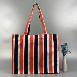 Customized Thick Cotton Canvas Bag Blue Orange Stripe Beach Tote Shopping