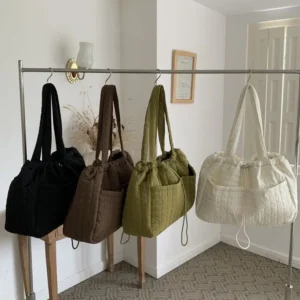 Winter Nylon Drawstring Women Tote Bag Casual Lady Shoulder Design Pleated Cloud Handbag