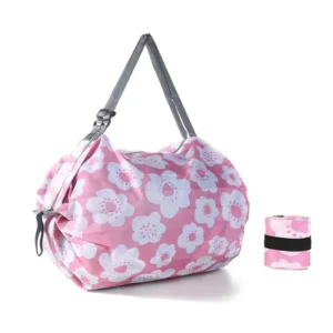 Extra Large 210d Polyester Peach Blossom Folded Expandable Grocery Tote Bag Floral Foldable Shopping for Supermarket