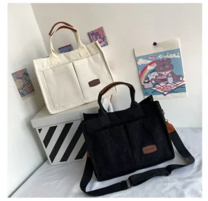 Fashion Recycled Simple Canvas Handbag Large Capacity Shoulder Bag Women Versatile Shopping Tote with Pu Handle