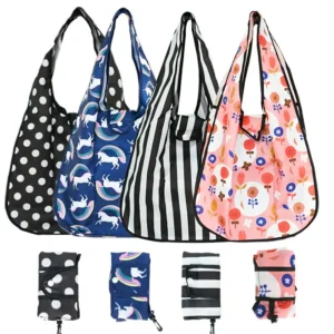 Functional Polyester Long Handle Foldable Tote Bag with Large Storage Eco-friendly Reusable Shopping