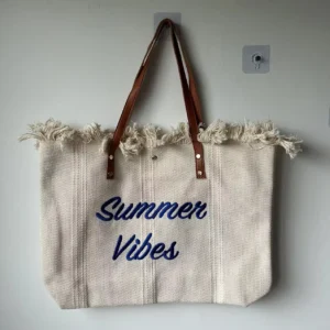 Wholesales Embroidery Summer Vibes Lady Canvas Handbag Leather Handles Women Fringes Tote Bag