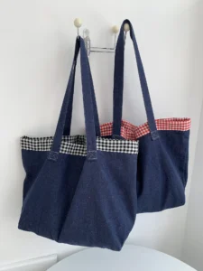 Korean Style Blogger Same Plaid Blank Denim Large Capacity Tote Bag Retro Commuting Shoulder Versatile Casual