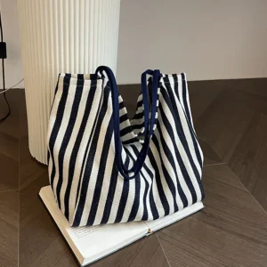 Lazy Style Eco-friendly Canvas Shopping Bag Casual Striped Hobo Large Capacity Shoulder Tote for Girls