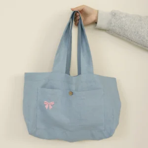 Embroidery Logo Single Layer Casual Women Shopping Bag Organic Linen Tote with Pocket