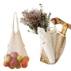 Eco-friendly Washable Cotton Mesh Shopping Bag Long Handle Versatile Portable Net String Tote Storage for Grocery