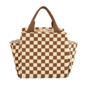 Checkerboard Pattern Corduroy Square Meal Bag Grid Office Student Bento Soft Insulation Lunch Cooler