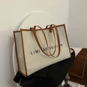 Customizable Print Plain Cotton Shoulder Bag Large Capacity Classic Women Canvas Leather Handle Shopping Tote