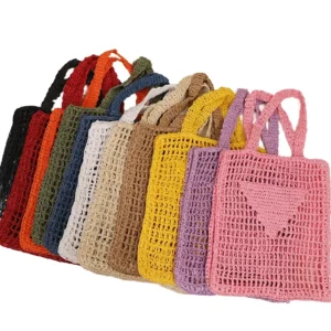 Personalized Logo Hand Woven Straw Tote Bags for Women Summer Handmade Crochet Beach Shoulder Bag Vacation
