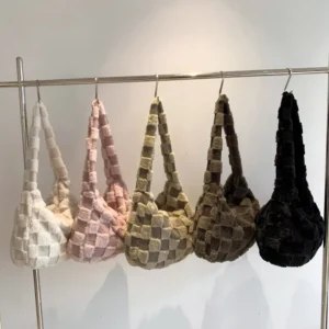 Check Pattern Plush Underarm Bag Fold Cloud Women Handbags Fashion Trend Ladies Crossbody Bubble Tote