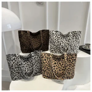 Women Shoulder Handbag Portable Large Leopard Print Vintage Zipper Corduroy Tote Bag