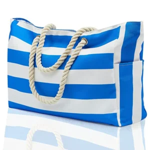 Rope Handles Beach Bag Large Waterproof Sand Proof Lightweight Canvas Shopping Bottle Pocket Women Stripe Tote