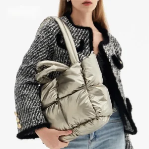 Winter Women Soft Puffer Nylon Cotton Padded Down Shoulder Bag Trendy Pink Green Quilted Tote
