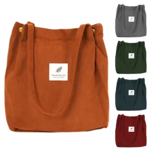 Stylish Vintage Eco-friendly Customizable Corduroy Tote Bag with Zipper Closure Durable for Grocery Shopping and Market Visits