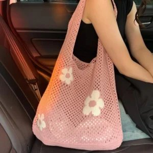 Quality Coquette Jacquard Knitting Tote Bag Women's Pink White Floral Hollow Beach with Blocking Crochet Gift