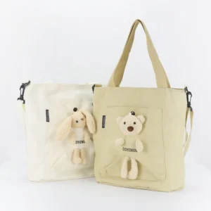 Logo Printed Cotton Canvas Tote Bag Reusable Shoulder Handbag with Cute Bear Decor for Shopping