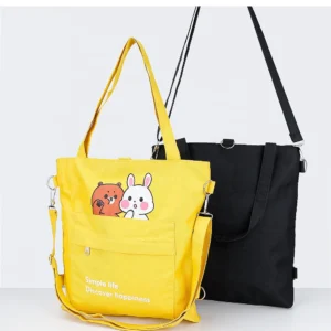 Cotton Canvas Shopping Tote Eco-friendly Dog Design Zipper Carry Bag with Shoulder for Grocery Cute Practical