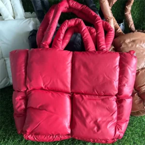 Women Soft Puffer Cotton Padded Down Shoulder Bag Trendy Pink Green Quilted Tote