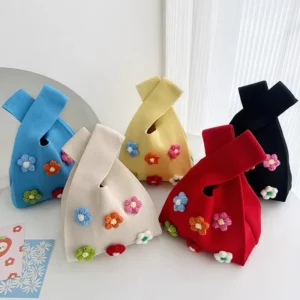 Sweet Colored Flowers Knitted Women Knitting Tote Handbag Purse Fur Handmade Crochet Knot Wrist Bag Shoulder