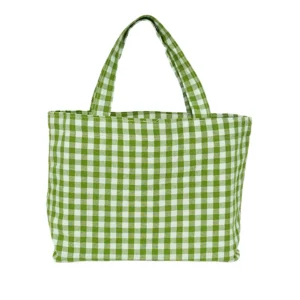 Fresh 100% Cotton Eco-friendly Fashion Checkered Tote Bag with White-lined Grid Pattern and All-over Green Gingham Design